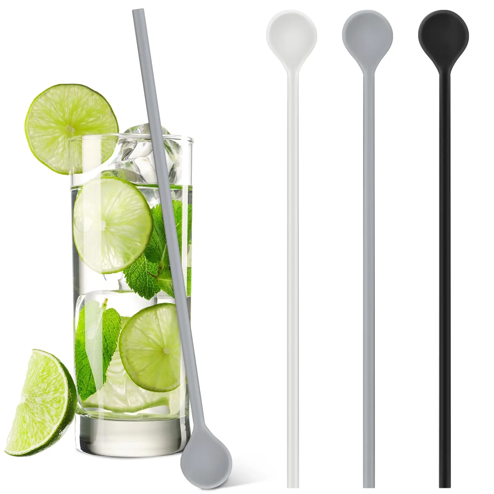 3 9. 8" Silicone Coffee Stirrer Stick Long Spoon Cocktail Stirs Reusable Iced Tea Swizzle Multipurpose Multicolor For Cof Beverage Formula Mixing(black White Grey)