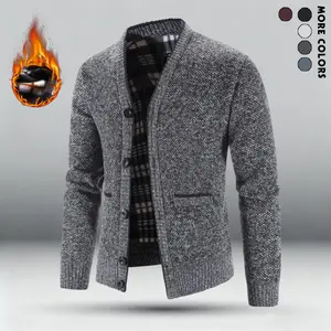 Men's 2-piece autumn and winter sports knit cardigan V-neck jacket, fleece-lined long-sleeve sweater with pockets, suitable for casual hiking outdoors Knitwear Menswear Dark Gray