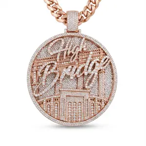 High Bridge Cityscape Large Pendant Necklace | 14K Rose Gold Plated 3D Architectural CZ Diamond Medallion | Includes 4mm Rope Chain | Heavy Iced Out Luxury Statement Jewelry For American Men | Urban Streetwear Gift