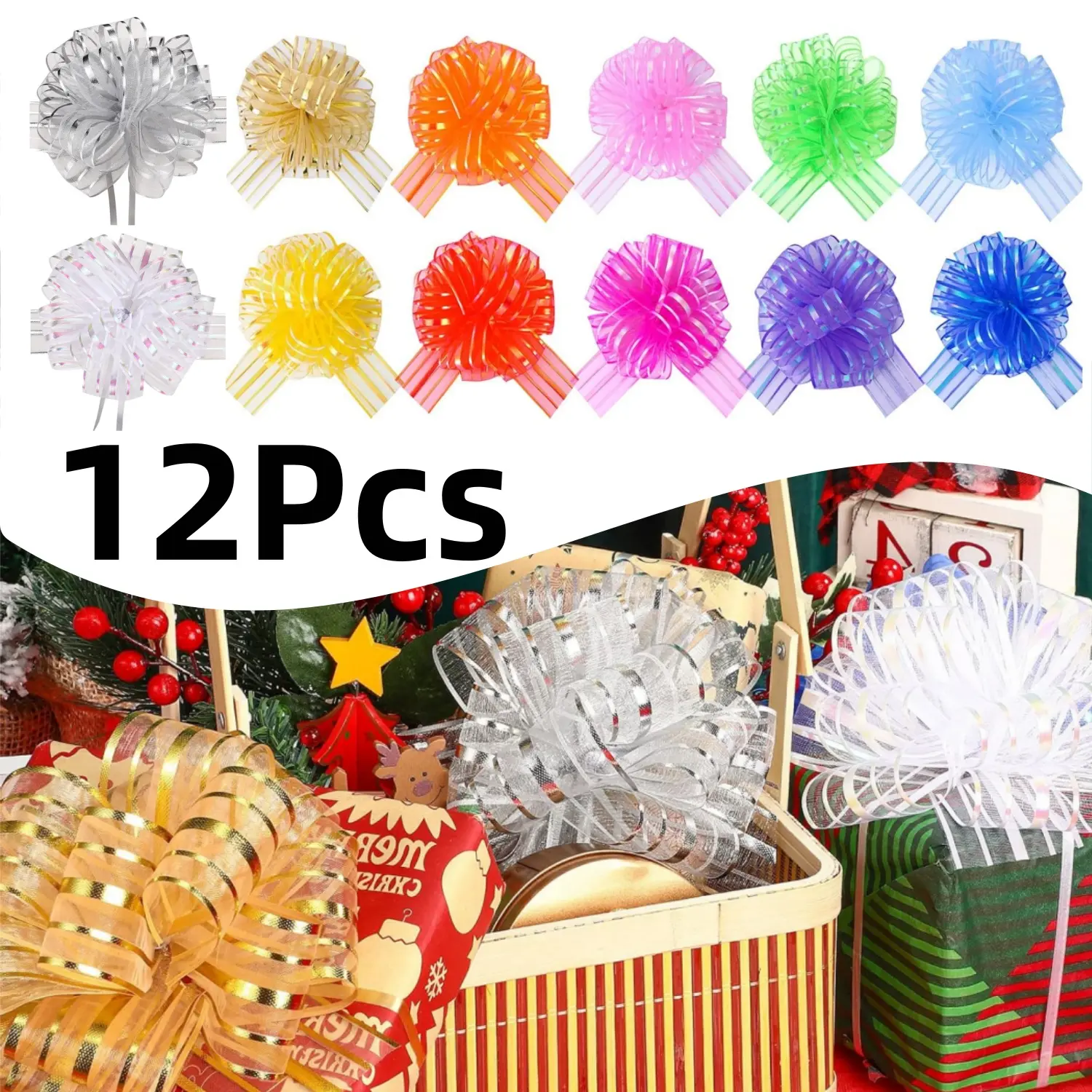 A set of 12 Pull Bow Mixed Color Large Organza Gift Bows Present Wrapping Pull Bow with Ribbon for Wedding Party Decoration Gift Baskets 6 Inches - Home Improvement.