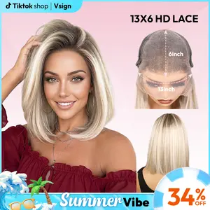 [Summer Vibes] VSIGN 13x6 HD lace Front Glueless Ombre Ash Blonde Mixed Brown and Blonde Color Bob Style Mother's Day Gift Summervibes Natural Looking Synthetic Heat Resistant Fiber For Women