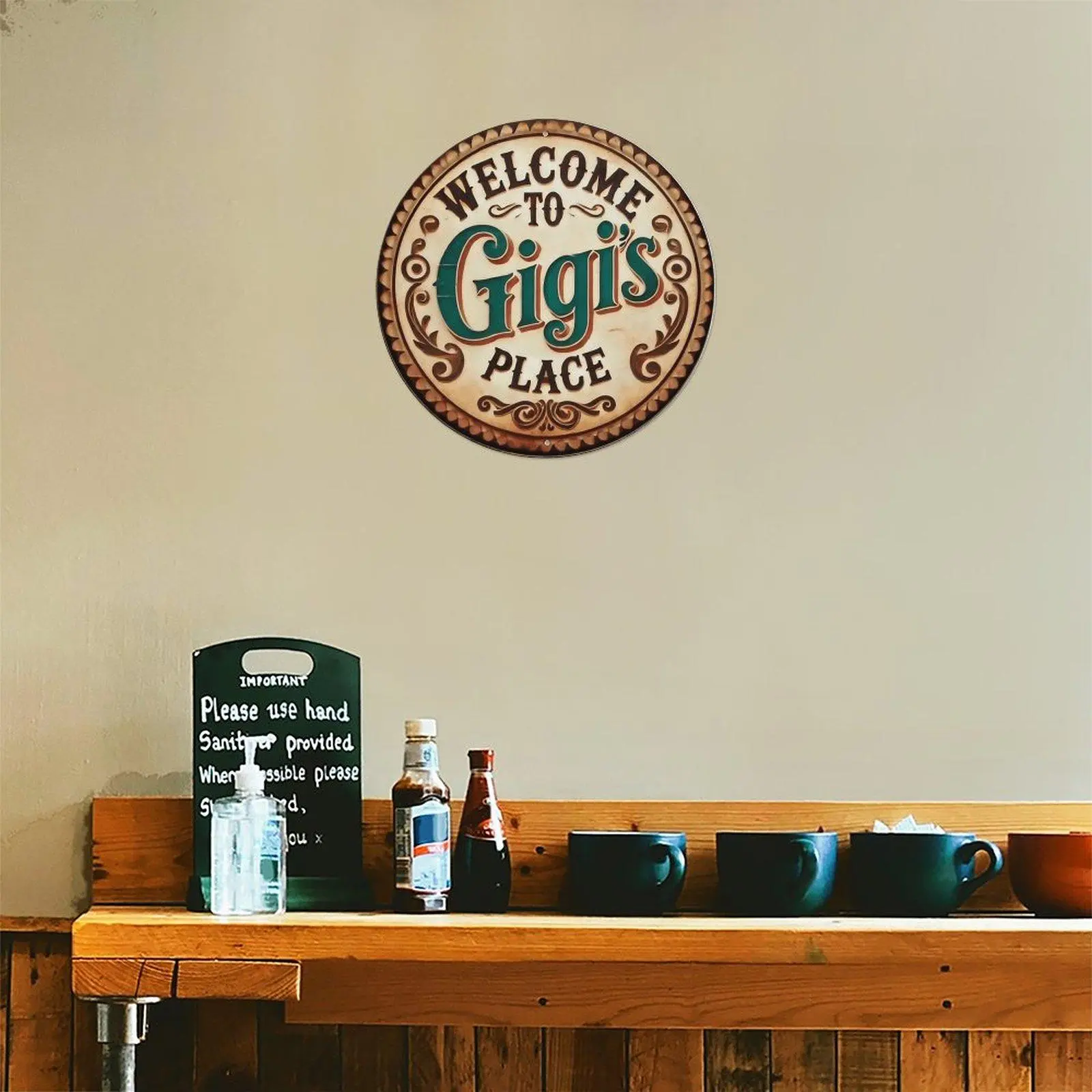 1pc Vintage Style Metal Wall Art Sign "Welcome to gigi's place ’" 8x8 Inch Round Metal Decor, Suitable For Home, Kitchen, Cafe, Bar And Garden - Unique Gift For Gardening And Coffee Lovers