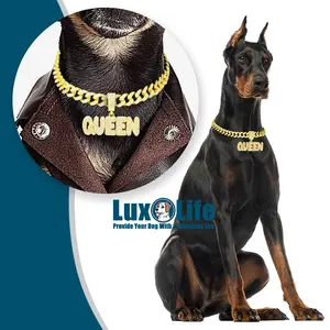 Gold Dog Chain Collar Necklace with diamond pendant "QUEEN" Letter,Diamond Cuban Link Dog Collar 13mm Wide Dog Necklace Metal Cat Chain Pet Crystal Collar Jewelry Accessories for Small Medium Large Dogs Cats