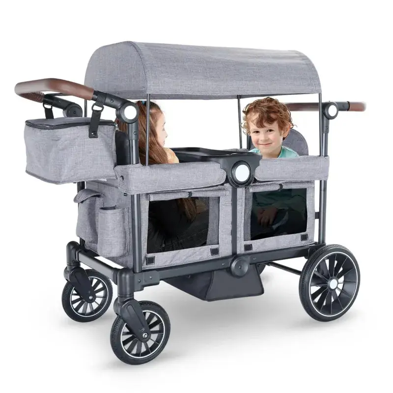 2-Seater All-Terrain Folding Baby Toddler Stroller Wagon with Removable Canopy, Adjustable Height, Mesh Windows, PU Wheels, Ideal for Camping, Beach, Two Seater