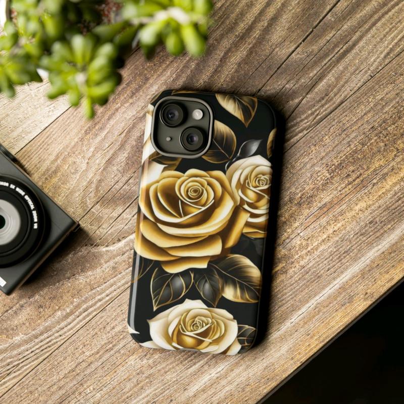 Elegant Black and Gold Roses Phone Case - Stylish Protection for Samsung Galaxy, iPhone, Google Pixel phones, Cellphone Accessories, Wireless Cover, Handheld Protective, iPhone Case, Samsung Galaxy Case, Google Pixel Case Shell Golden Shockproof Casing