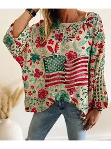 Spring/Summer Boat Neck Diamond Cutout Batwing Drop Shoulder Loose Oversize Color-Block Patchwork Floral Print Long Sleeve Women's Knit Top, Knitted Top, Vacation Style, Casual Commute, Bikini Cover-Up, Fashion Knitwear, Oversized