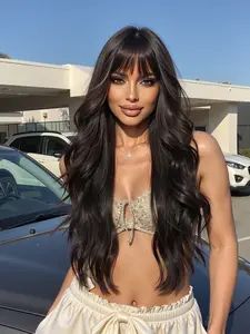 Wave Wig with Bangs, 26 Inch Natural Look, Suitable for Daily Wear and Special Occasions, Fashionable Wig for Women, Synthetic Hair Wig, Synthetic Wavy Curly, Synthetic Curly Wigs