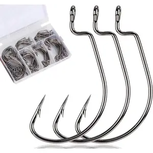 120 count Bass Hooks Set,  Offset Bass Fishing Hooks Freshwater Barbed  Worm Hooks for Texas Rigging Fishing Extra Wide Gap 6 Sizes Assorted#1 1/0 2/0 3/0 4/0 5/0