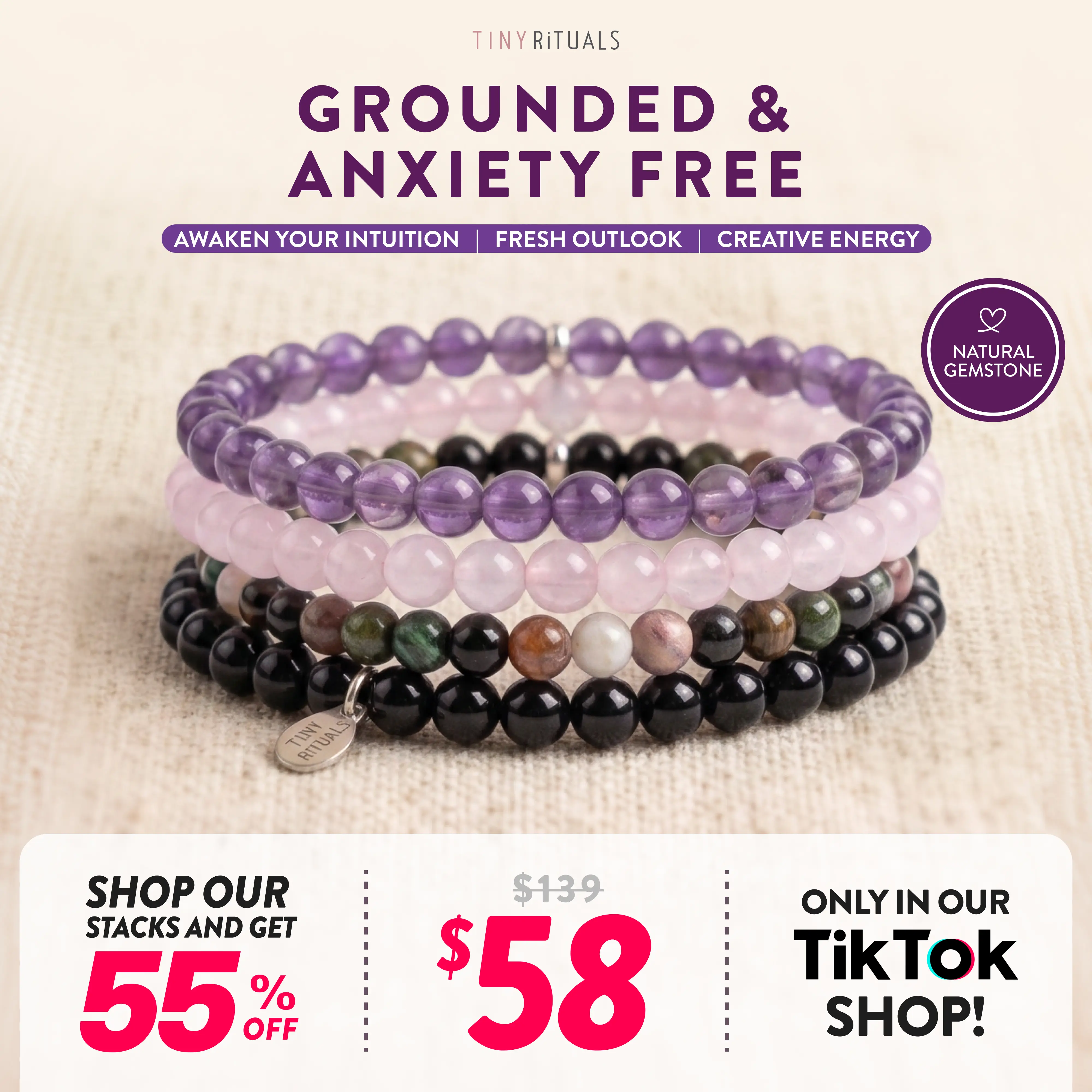 TINY RiTUALS Grounded & Anxiety Free Semiprecious Stone Bracelet-Anklet Pack, Jewelry Accessory for Stress Relief