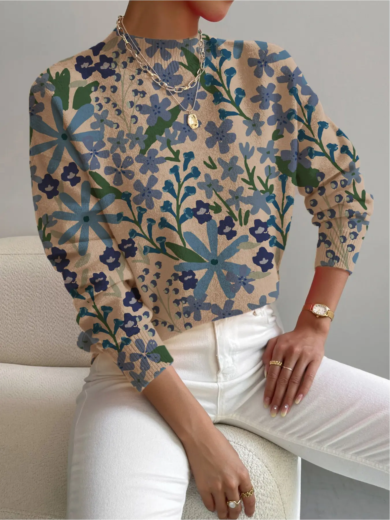 1 piece, Spring, Autumn styles, Small stand-up collar, Long Sleeve, color-blocked blue floral all-over printed women's knitted printed sweater, Ideal for holidays, casual and elegant office wear, women's versatile sweater, Knitwear, Womenswear