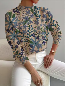1 piece, Spring, Autumn styles, Small stand-up collar, Long Sleeve, color-blocked blue floral all-over printed women's knitted printed sweater, Ideal for holidays, casual and elegant office wear, women's versatile sweater, Knitwear