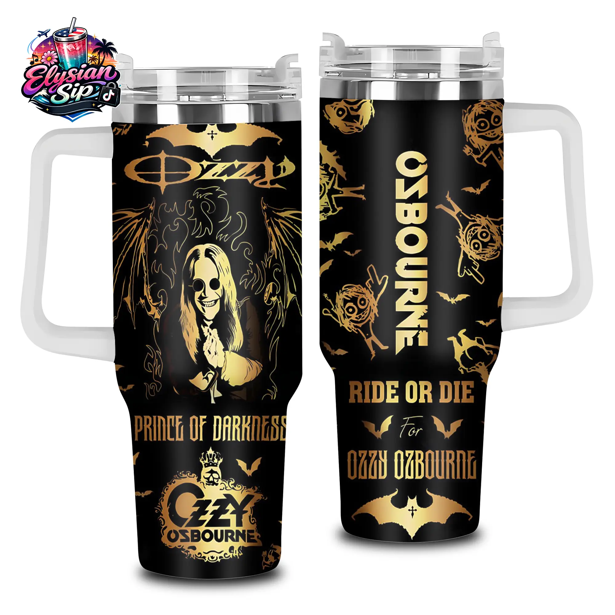 [Elysian Sip] - Dark Gothic Metal Bat Black Gold Aesthetic 40oz & 20oz Stainless Steel Tumbler with Handle – Heavy Metal Insulated Mug, Rock Legend Style Cup, Dark Fantasy Aesthetic Design, Leakproof Travel Gift.