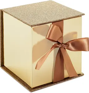 Small Gift Box with Bow and Shredded Paper Fill (Gold Signature 4 inch Gift Box with Glitter) for Weddings, Graduations, Bridal Showers,...