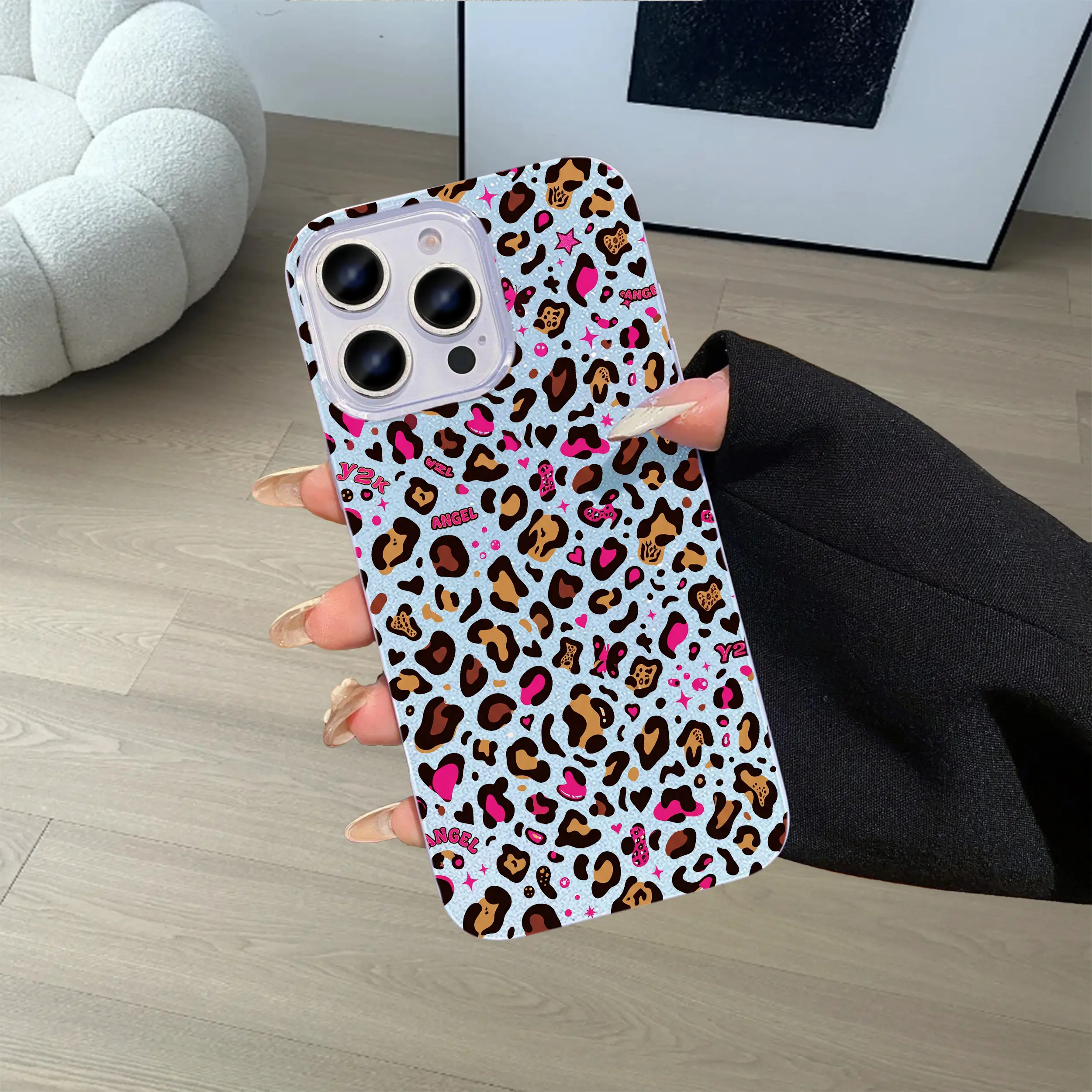 Y2K Pink Leopard Print Glitter Phone Case For iPhone 13 To 17 Pro Max Hard Shell TPU Border Shockproof Cute Grunge Aesthetic Cover For Girls Teens Kasevia
