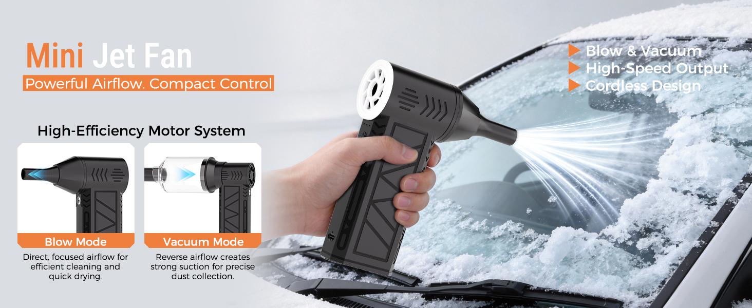 JORHUZS 2-in-1 Compressed Air Duster & Vacuum, High-Power Turbo Jet Fan, Cordless Rechargeable for Car, Electronics & Home Cleaning