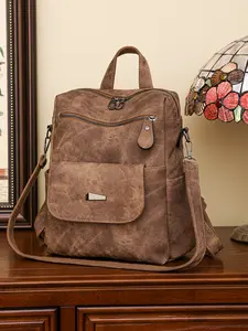 Women's New High-End Simple College Student Backpack, Lightweight Casual Large Capacity Travel Bag, Vintage Soft Leather Multi-Purpose Shoulder Bag, Zipper Backpack