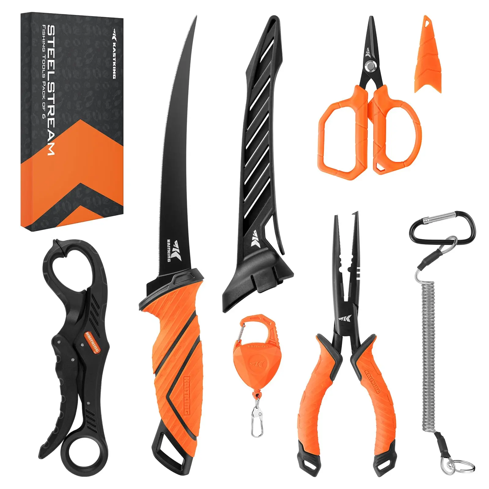 Steelstream 6pc Fishing Tool Kit - Resistant Pliers With Lanyard  Fillet Floating Fish Lip Gripper Braid Retractor Gifts For Men