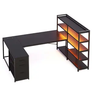 Sikaic L Shaped Gaming Desk, Reversible U Shaped Computer Desk with Power Outlet and Storage Shelves, Corner Gaming Desk with LED Lights, Black