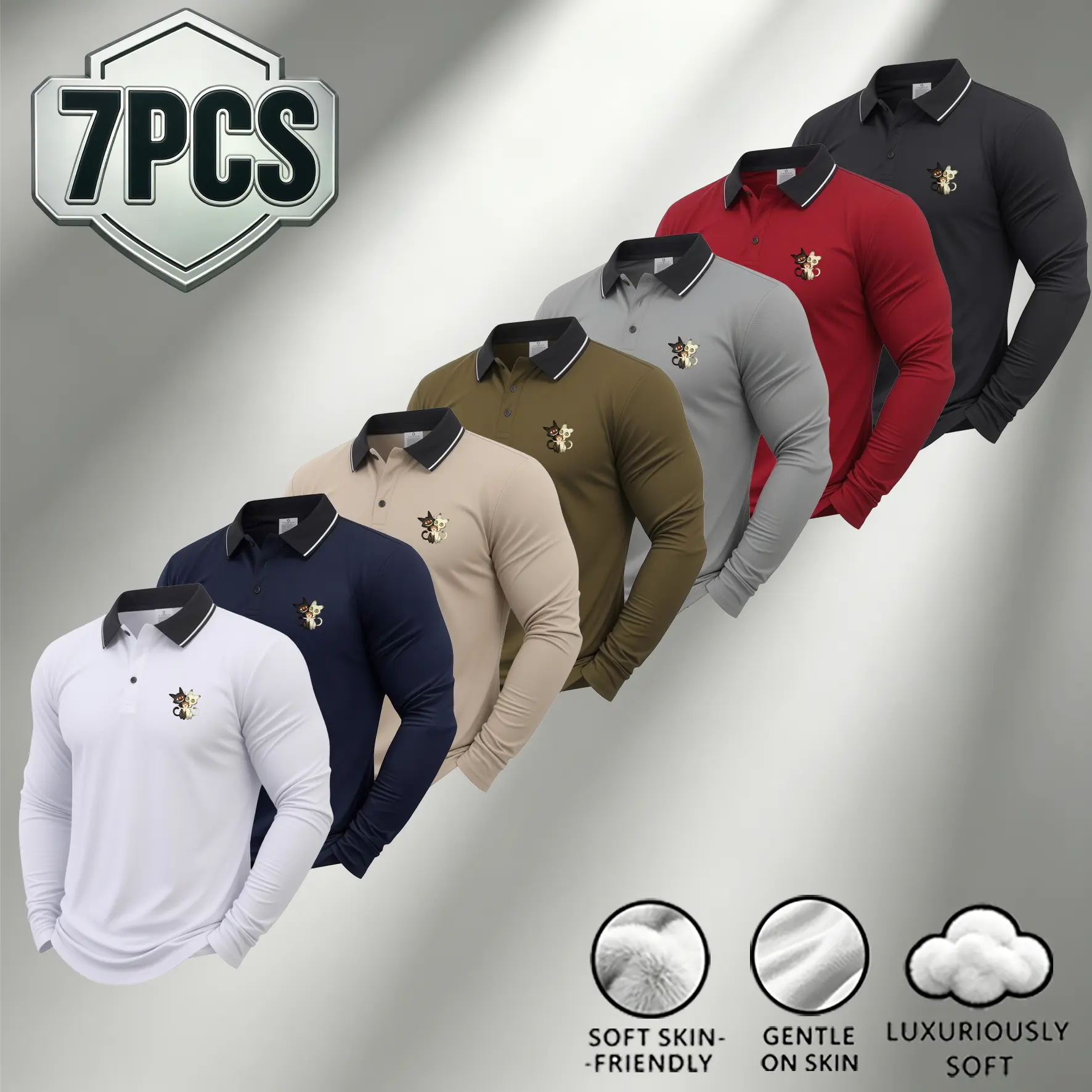 Men 7 pcs Long Sleeve Contrast Collar Polo Shirt Cute Cat Graphic Print Breathable Mesh Quick Dry Golf Smart Casual Athletic Tops，men pet lover office long sleeve top,lightweight fall layering polo for cat owners，men pet lover office long sleeve top