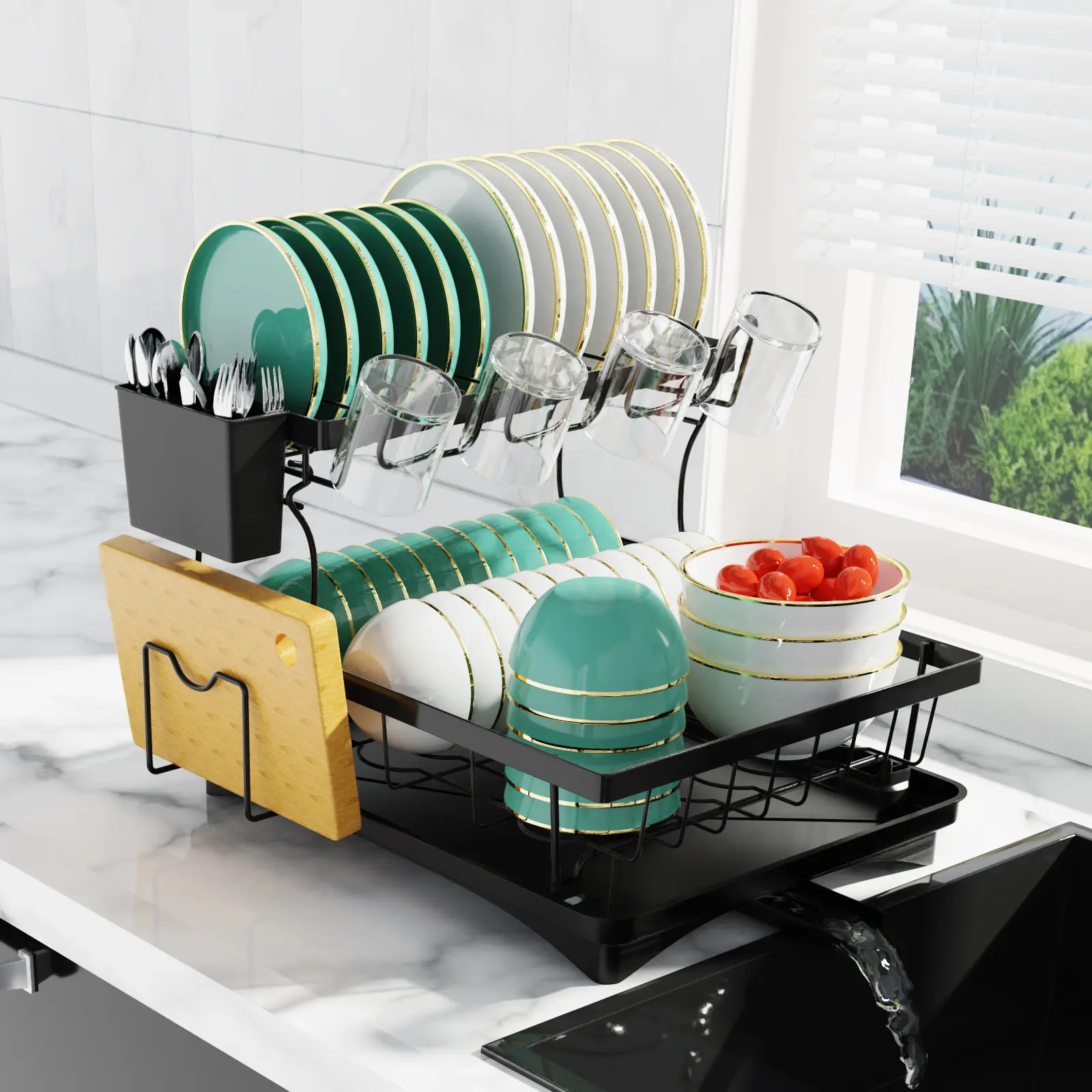 Large Dish Drying Rack For Kitchen Counter,Detachable Large Capacity Dish Drainer Organizer With Utensil Holder,2-Tier Dish Drying Rack With Drain Board,Black
