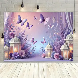 1pc Enchanted Purple Garden 2D Flat Backdrop with Butterflies, Lanterns - Reusable Polyester Background Cloth, Banner for Parties, Weddings - Easy-Setup Home, Festive Supplies