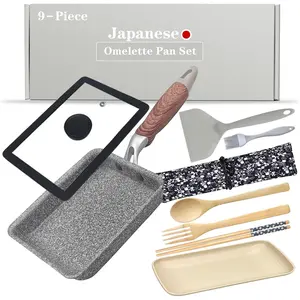 9Pcs Tamagoyaki Pan Set Japanese Omelette Pan Nonstick with Lid Square Japanese Egg Skillet Rectangle 7"x5" Grey