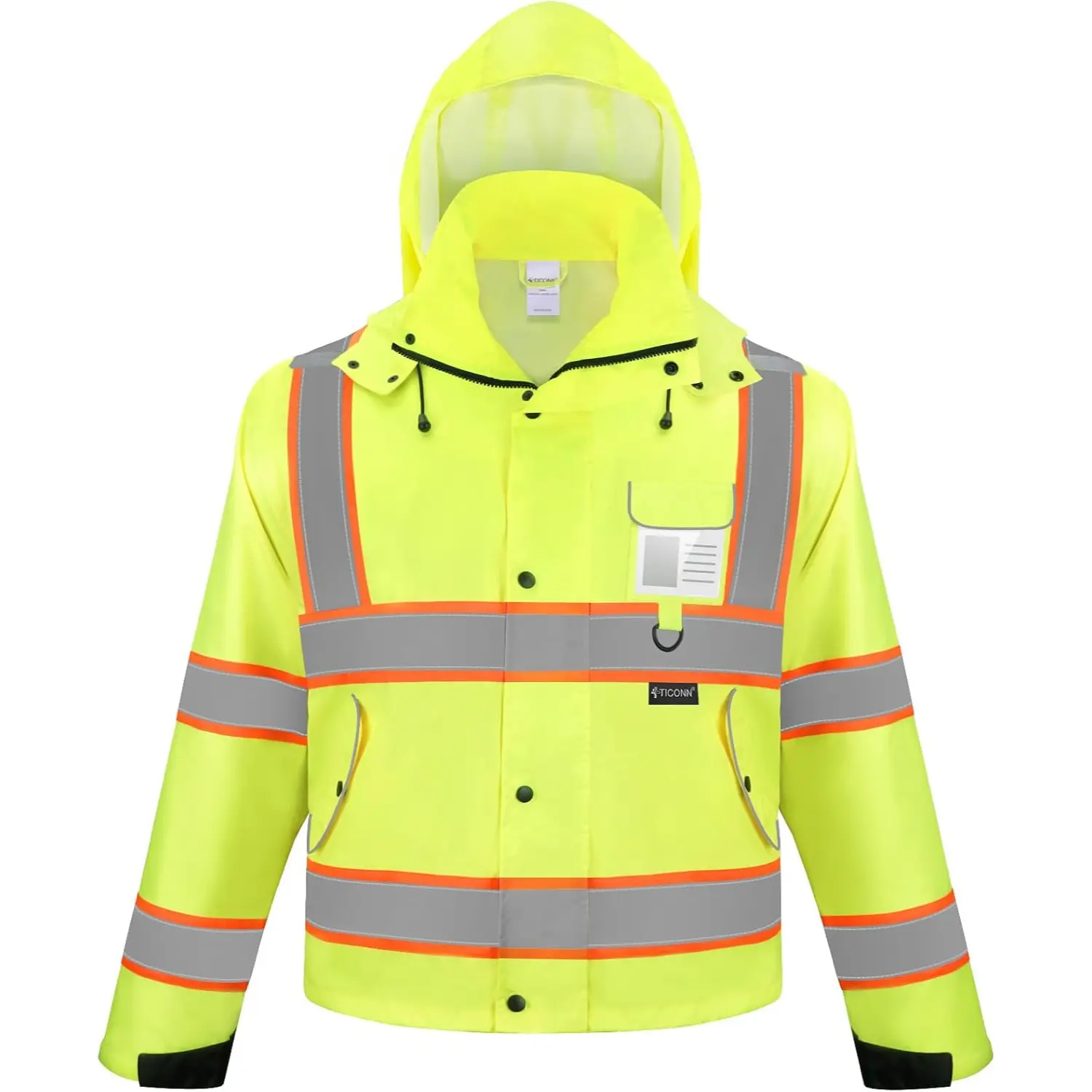 Hi Visibility Oxford Poly Reflective Waterproof Work Rain Jacket for Construction Workers, Outdoor Use - Reflective Tape, Adjustable Cuffs, Vents, Pockets, ID Window