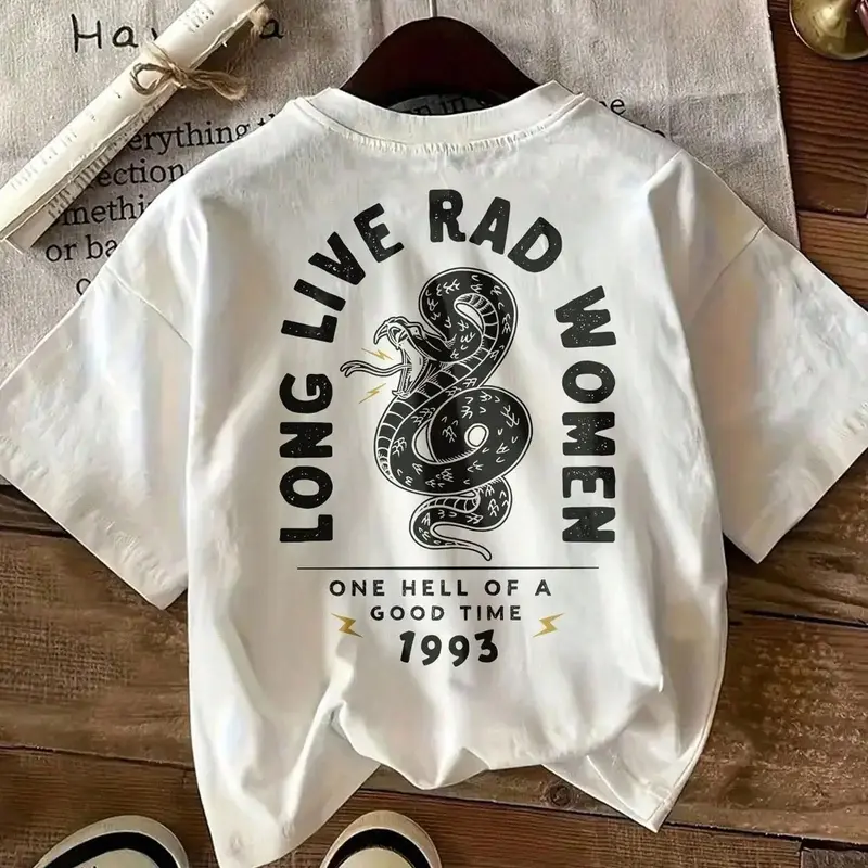 Women's Cotton Fabric Round Neck Graphic T-Shirt - Short-Sleeve, Vintage Snake Rock-Era Graphic, 1993 1 Hell Of A Good Time Retro Rock, Oversized Edgy Streetwear For 90s Lovers, Casual Top