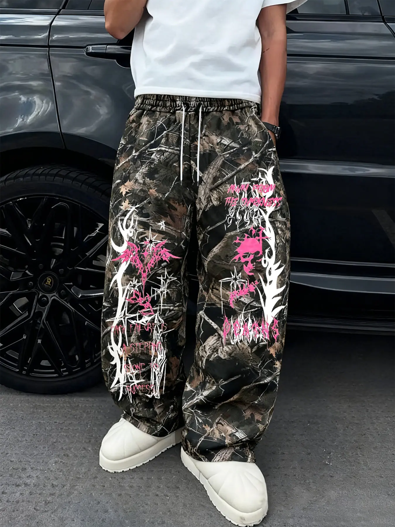 Men's Y2K Camo Pants, Vintage Branch Print, Pattern, Gothic Street Style, Loose Fit, All Seasons, Casual Fashion, Camouflage Print Pants