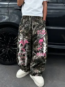 Men's Y2K Camo Pants, Vintage Branch Print, Pattern, Gothic Street Style, Loose Fit, All Seasons, Casual Fashion, Camouflage Print Pants