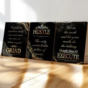 3-count wooden frame canvas, black and gold inspirational and striving theme three-piece decoration, light luxury style office and study inspiring poster, modern living room wall decoration, fashionable family poster, suitable for bedroom, office,