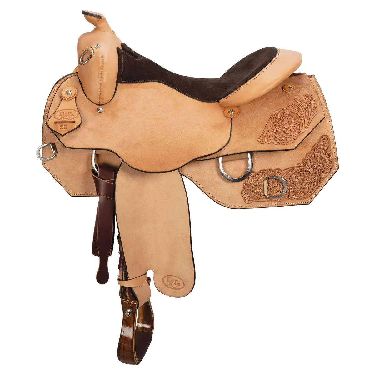 Classic Roughout Leather Work Saddle with Hand-Tooled Detail - Lightweight Design, Balanced Fit, and Hand-Padded Seat for Riders, Work Riding, Easy Stirrup Adjustments