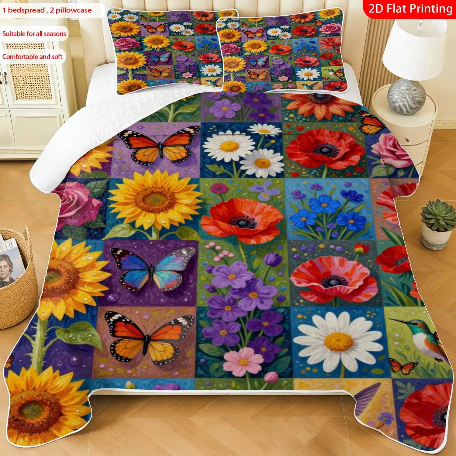 3pcs, 2D flat print Colorful Floral Butterfly Hummingbird Quilted Bedspread Set multiple sizes available, bedding set, festive decorative bedding, ideal for bedroom décor(1 bedspread , 2 pillowcase)