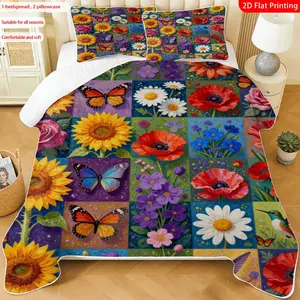 3pcs, 2D flat print Colorful Floral Butterfly Hummingbird Quilted Bedspread Set multiple sizes available, bedding set, festive decorative bedding, ideal for bedroom décor(1 bedspread , 2 pillowcase)