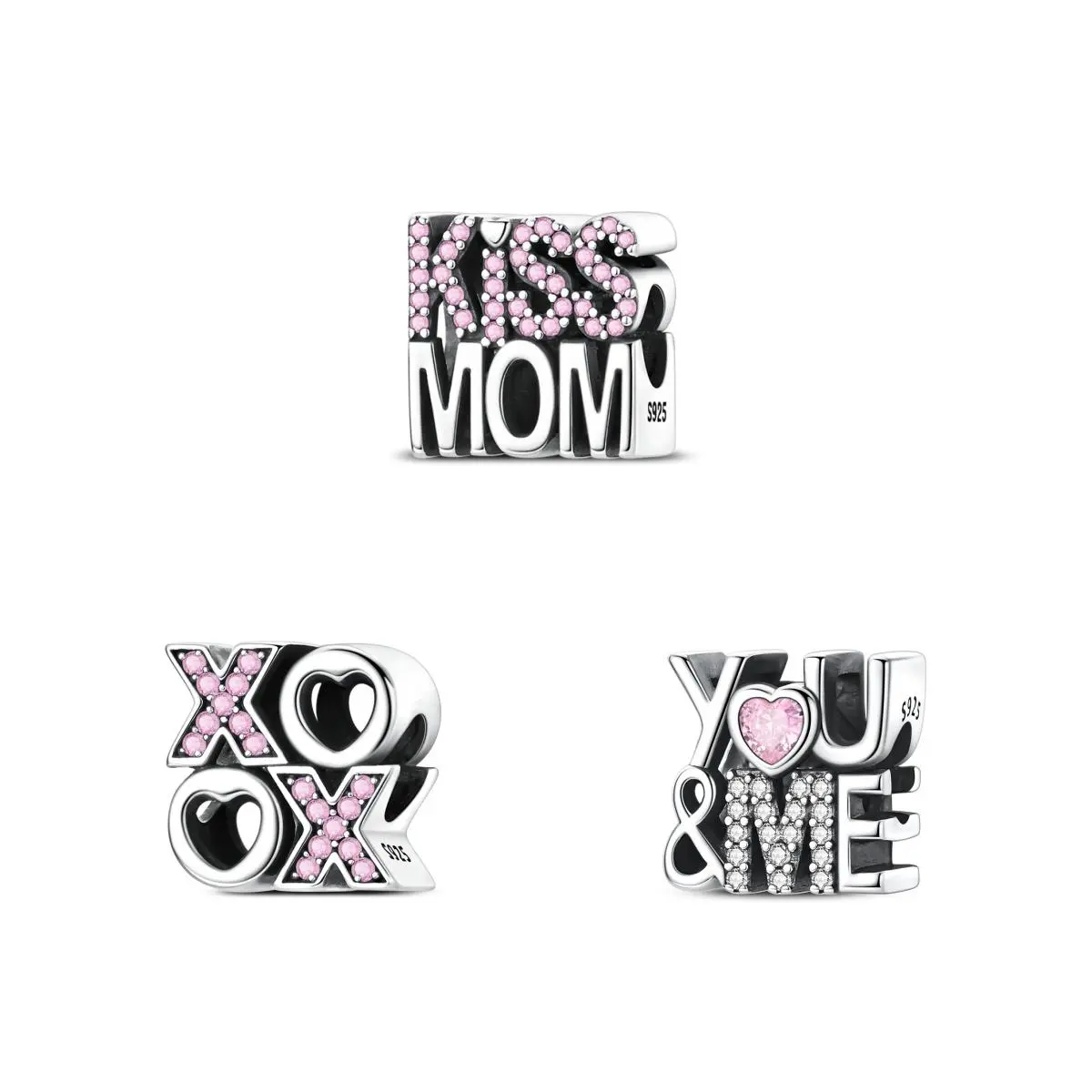 MULA 925 Sterling Silver Love Message Pendant – Pink Zircon “XOXO” / “You and Me” / “Kiss Mom” Letter Beads, compatible with Pandora bracelets, is the perfect gift for girls and women.