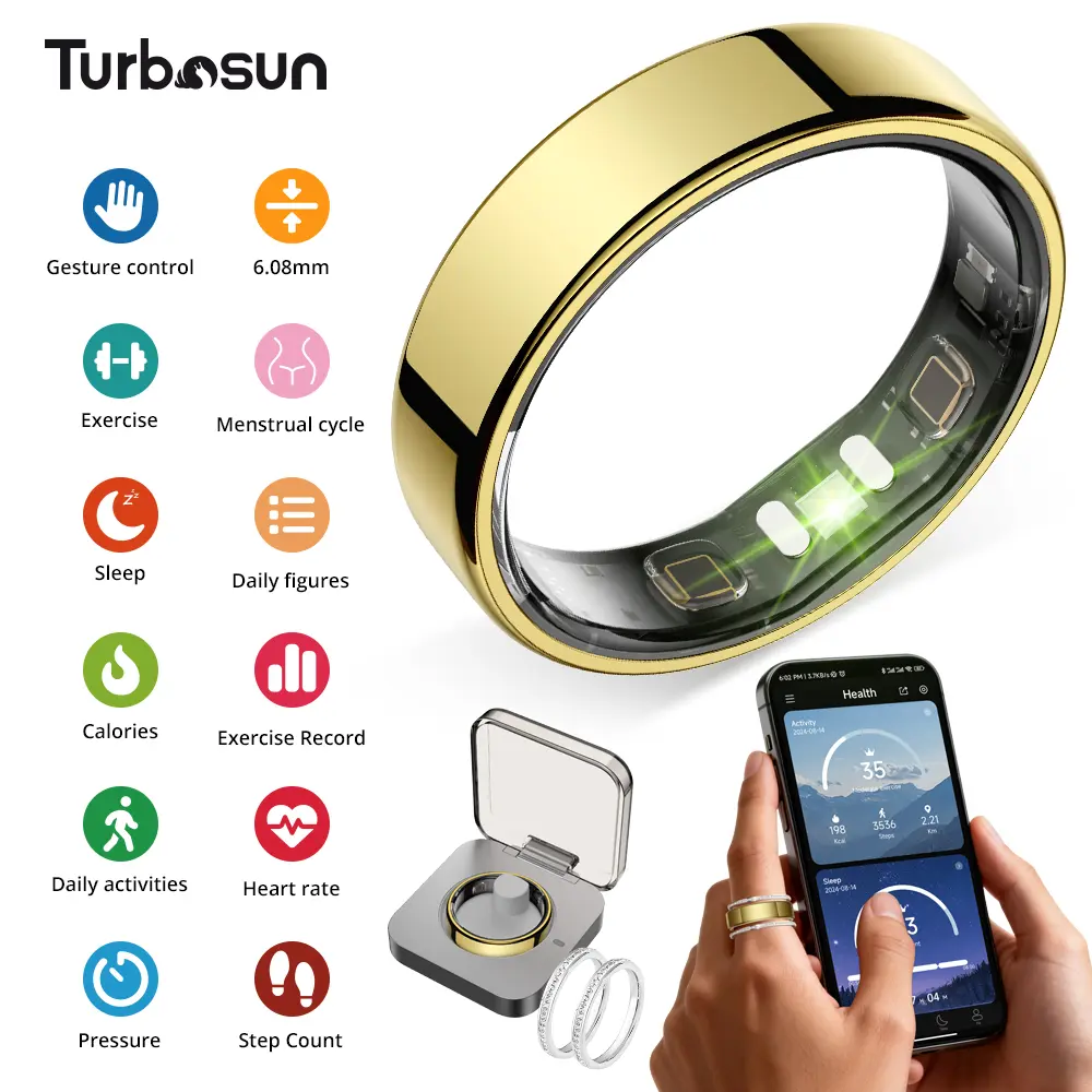 Turbosun 6mm Ultra-Thin Smart Ring with 2 Bonus Decorative Rings, Waterproof Wearable Designed for Women, 24/7 Sleep, Heart Rate & Temperature Tracking, Stress & Cycle Insights, No Subscription, iOS & Android Compatible