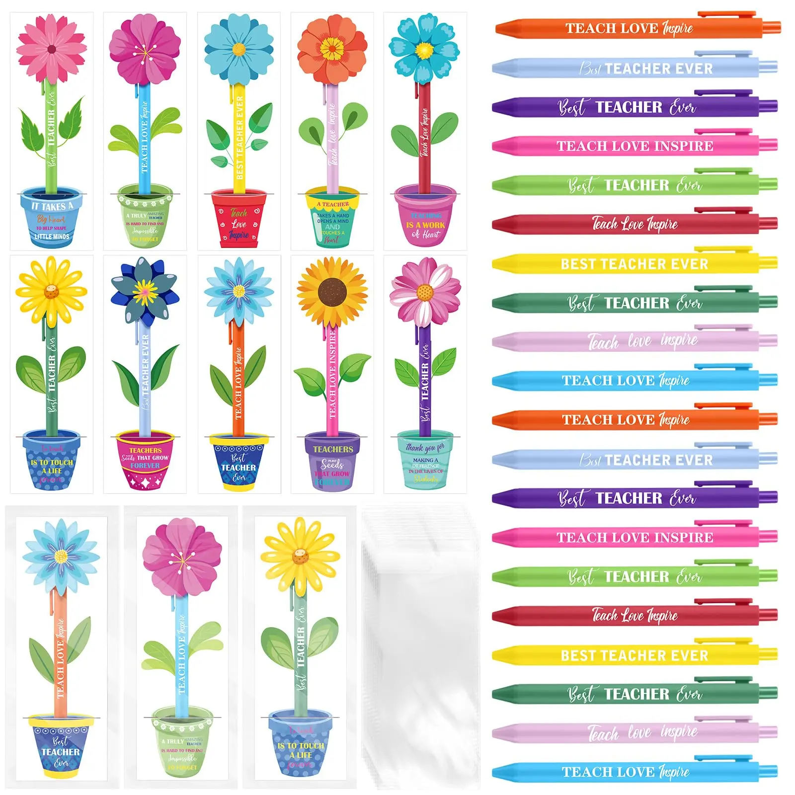 50 Sets Back to School Teacher Appreciation Gifts Bulk, Include Inspirational Ballpoint Pens Motivational Flowerpot Cards Flower Crochet Bookmark, First Day of School Teacher Thank You Gift for Office Supplies PTA Admin Coworker Room Mom Colleague
