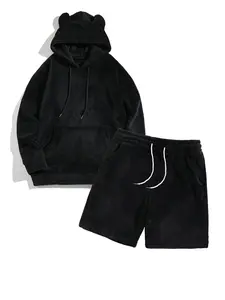 fall outfits Autumn and winter men's plush hooded bear-ear sweatshirt and shorts set, loose fit, suitable for all body types. The fabric is soft and comfortable, presenting a fashionable, homey and laid-back style Loungewear