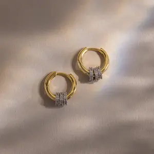 Mixed Metal Pave Hoops by Caitlyn Minimalist - Triple  Link Hoop Earrings - Interlocking Circle Beaded Earrings - Two Tone Jewelry - Birthday Gift