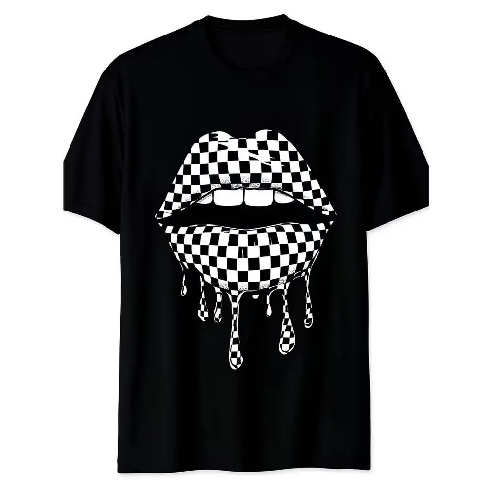 Punk Rock Graphic T-Shirt, Black White Lips Checkerboard Print, Melting Drip Design, Edgy Alternative Style Unisex Tee