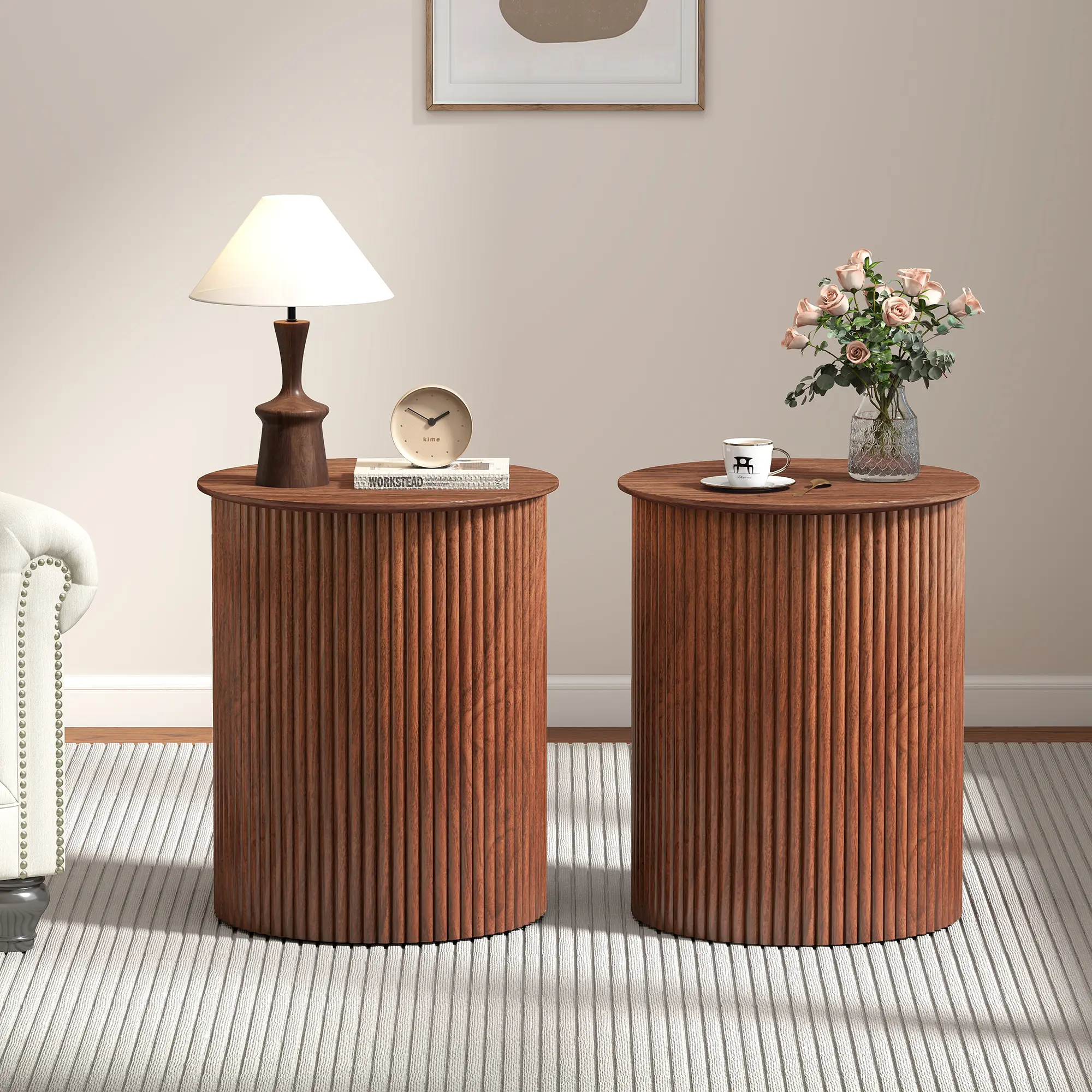 Giratree Small Round Side Table, 21.7'' Fluted Nightstand, Mid Century Modern Wood End Table for Living Room, Bedroom and Small Spaces, Single or 2-Pack