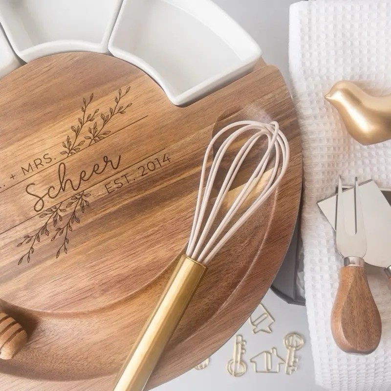 Golden Fern Personalized Round Cheese Board Set with Hidden Utensils, Custom Engraved Charcuterie Board – Wedding, Housewarming, or Realtor Closing Gift | New homeowners gift |