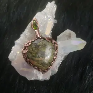 Unikite Heart Pendant Wrapped in Copper Wire with Green Glass Fauceted Stone Unique Handcrafted Jewelry