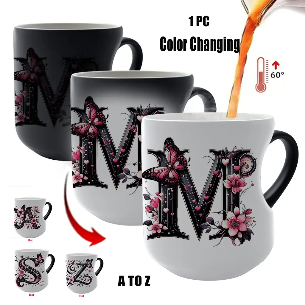 Butterfly Initials Heat Sensitive Magic Mug, Funny Mom Mug, Valentines Mug, Color Changing Heart Design, Coffee Drink Cup, Ceramic Printed Drinkware, Ceramic Cup, Personalized Gift for Valentine's Day Mothers Day