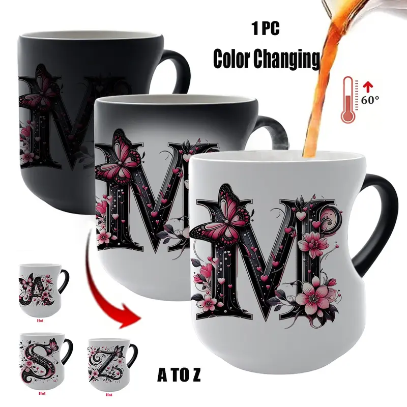 Butterfly Initials Heat Sensitive Magic Mug, Funny Mom Mug, Valentines Mug, Color Changing Heart Design, Coffee Drink Cup, Ceramic Printed Drinkware, Ceramic Mugs, Ceramic Cup, Personalized Gift for Valentine's Day Mothers Day