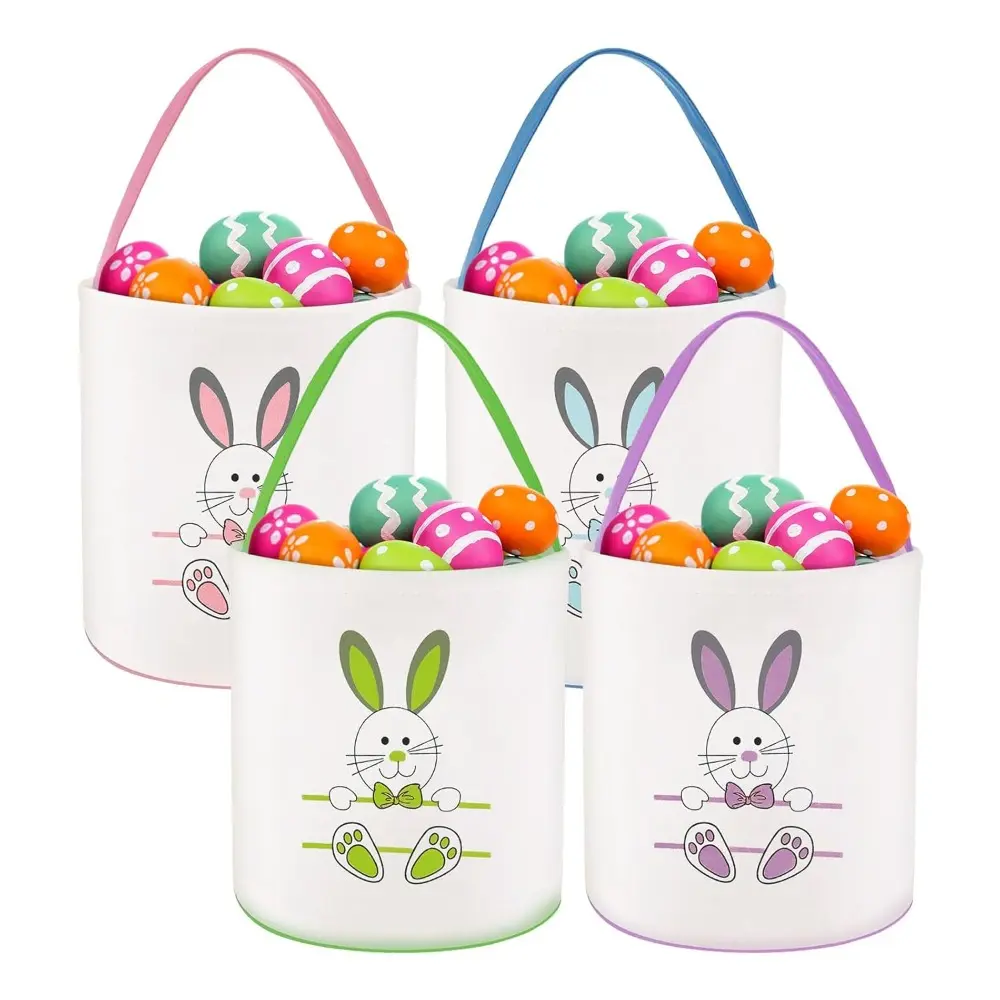 12 Pcs Easter Bunny Basket Egg Bags for Kids Canvas Empty Tote Bags Personalized Bunny Print Buckets for Candy Presents and Eggs Hunt Bag Toys Bucket Boys Girls Gifts Multicolor