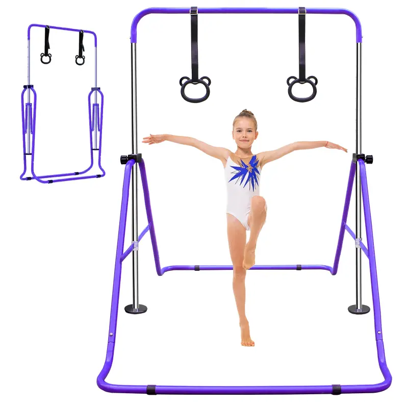 Children's Purple Multi-Functional Adjustable-Height Horizontal Gymnastic Bar with Bear Rings, Exercise Mat & Stretching Gear for Training & Strong Grip Development