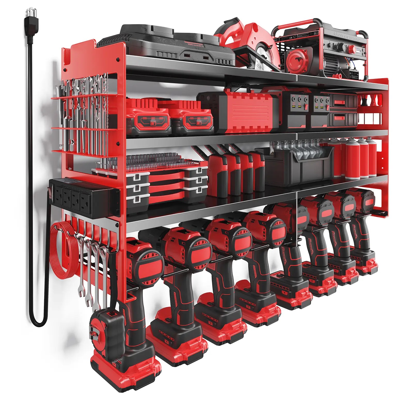 Heavy Duty Metal 3-Tier Wall Mount Power Tool Organizer Rack - Built-in 4-Outlet Power Strip, Hooks, Bit Slots, Drill Holder Storage Shelf for Garage, Workshop Heavy Duty Metal 3-Tier Wall Mount Power Tool Organizer Rack - Built-in 4-Outlet Power Strip, Hooks, Bit Slots, Drill Holder Storage Shelf for Garage, Workshop