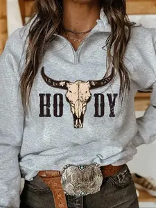 Women's Casual Loose-Fit Half-Zip Pullover Sweatshirt, Western Cowboy Print, High Neck, Lightweight Comfortable, Perfect for Fall & Winter