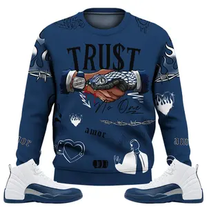Retro French Blue 12s Sweatshirt, Trust No One Outfits Streetwear Unisex Sneaker Matching Graphic Tee Fabric Fleece Hoodie Polyester